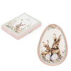 Húsvéti nyuszis Porcelán tojás formájú tányér 17x12 cm díszdobozban 2 nyuszis minta