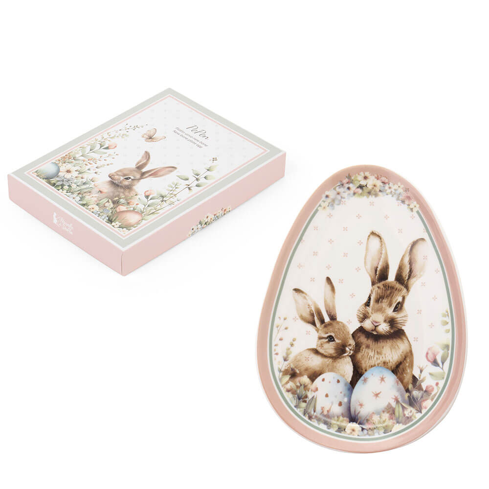 Húsvéti nyuszis Porcelán tojás formájú tányér 17x12 cm díszdobozban 2 nyuszis minta