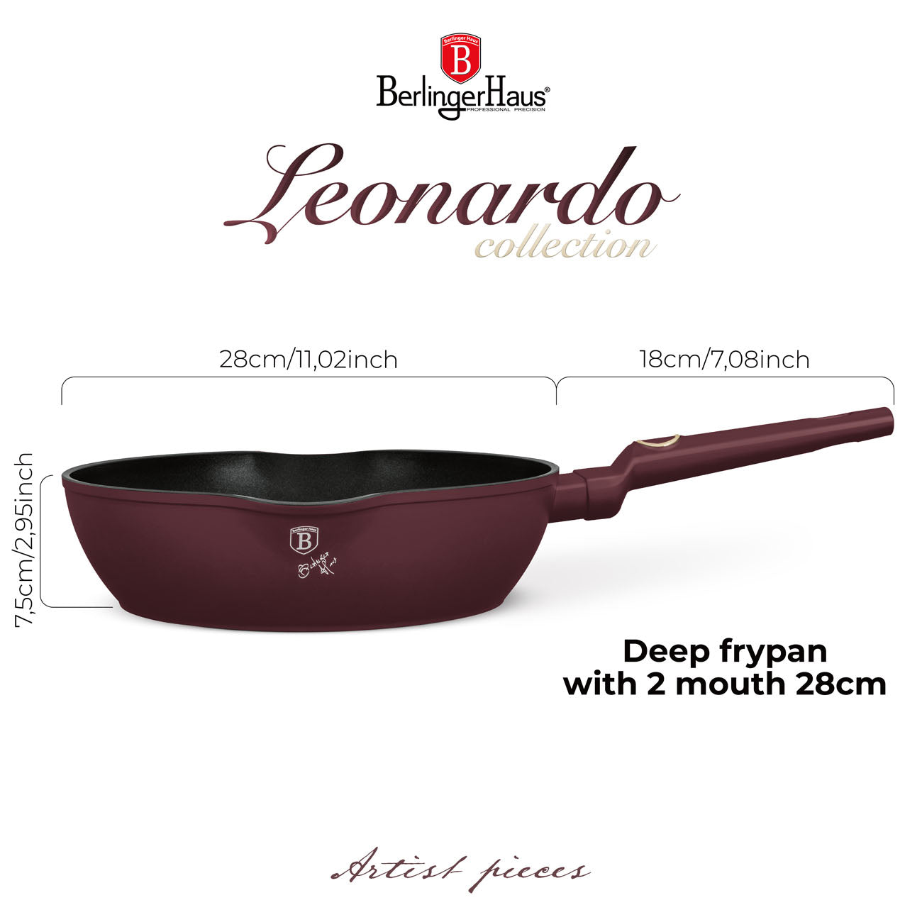 Berlinger Haus Indukciós tapadásmentes Mély serpenyő dupla kiöntő csőrrel 28 cm Leonardo Collection