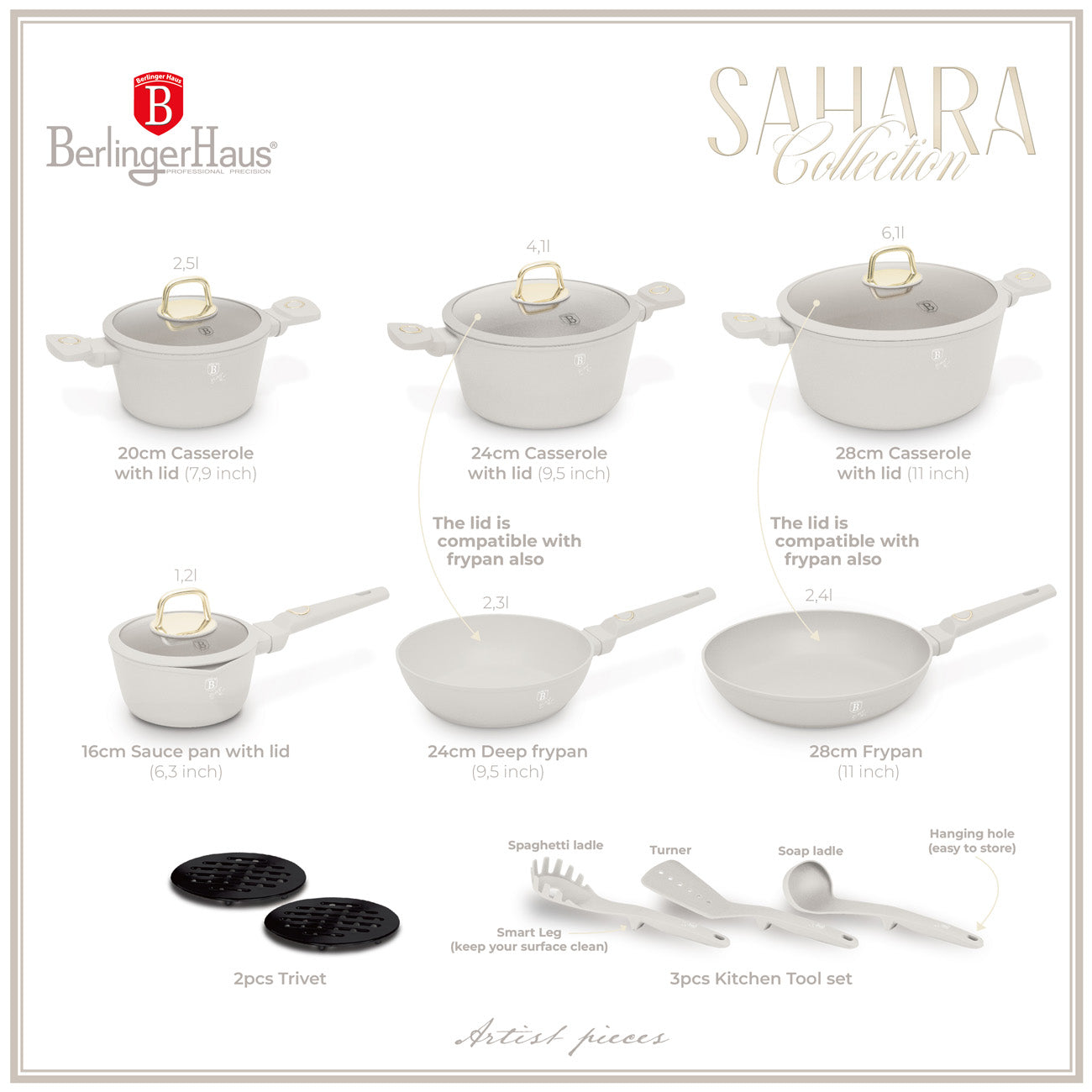 Berlinger Haus 15 részes indukciós edénykészlet matt krém Sahara Collection