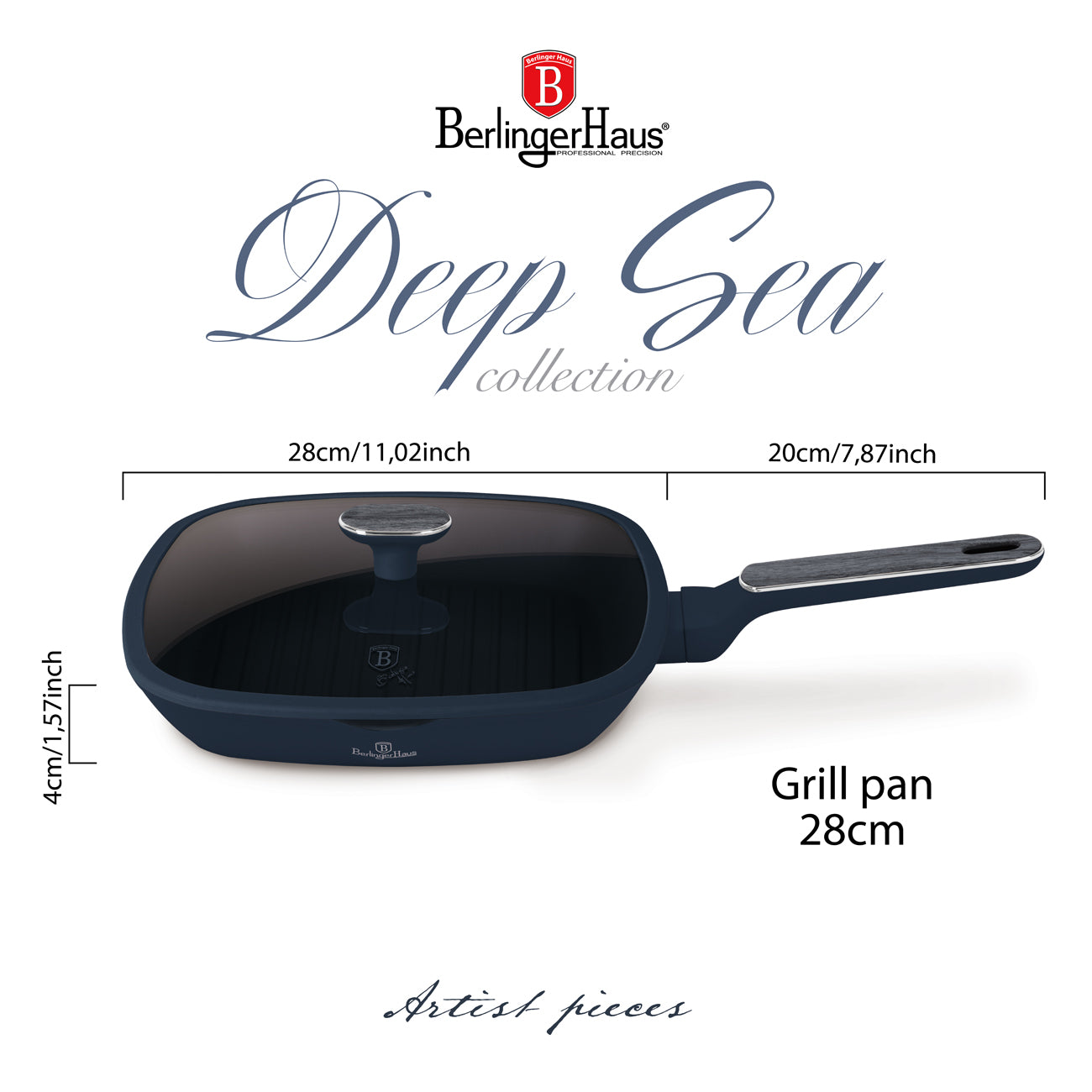 BerlingerHaus tapadásmentes indukciós grill serpenyő fedővel 28 cm Deep Sea