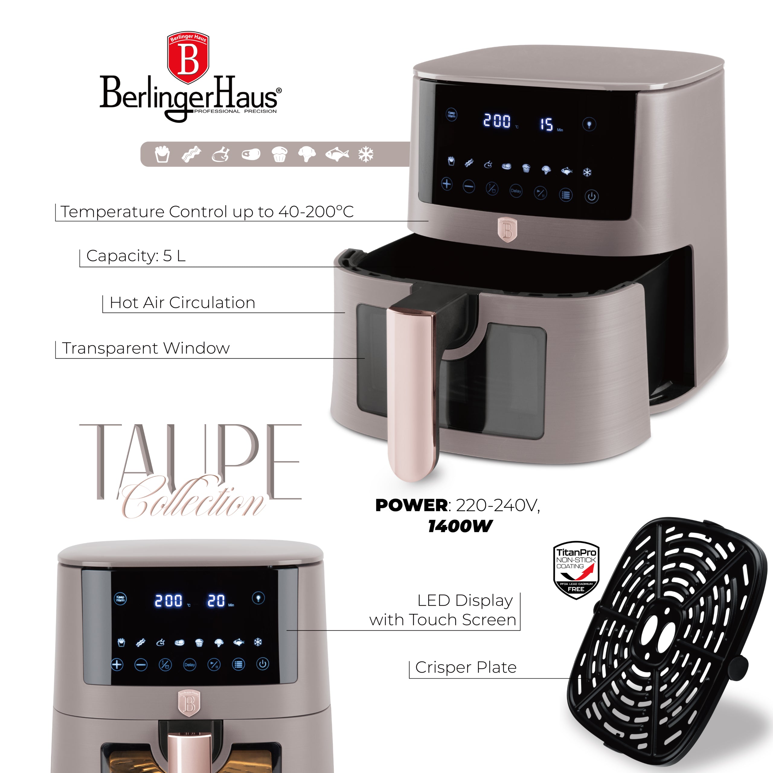 XL AirFryer átlátszó ablakkal digitális 5 liter Berlinger Haus matt szürke