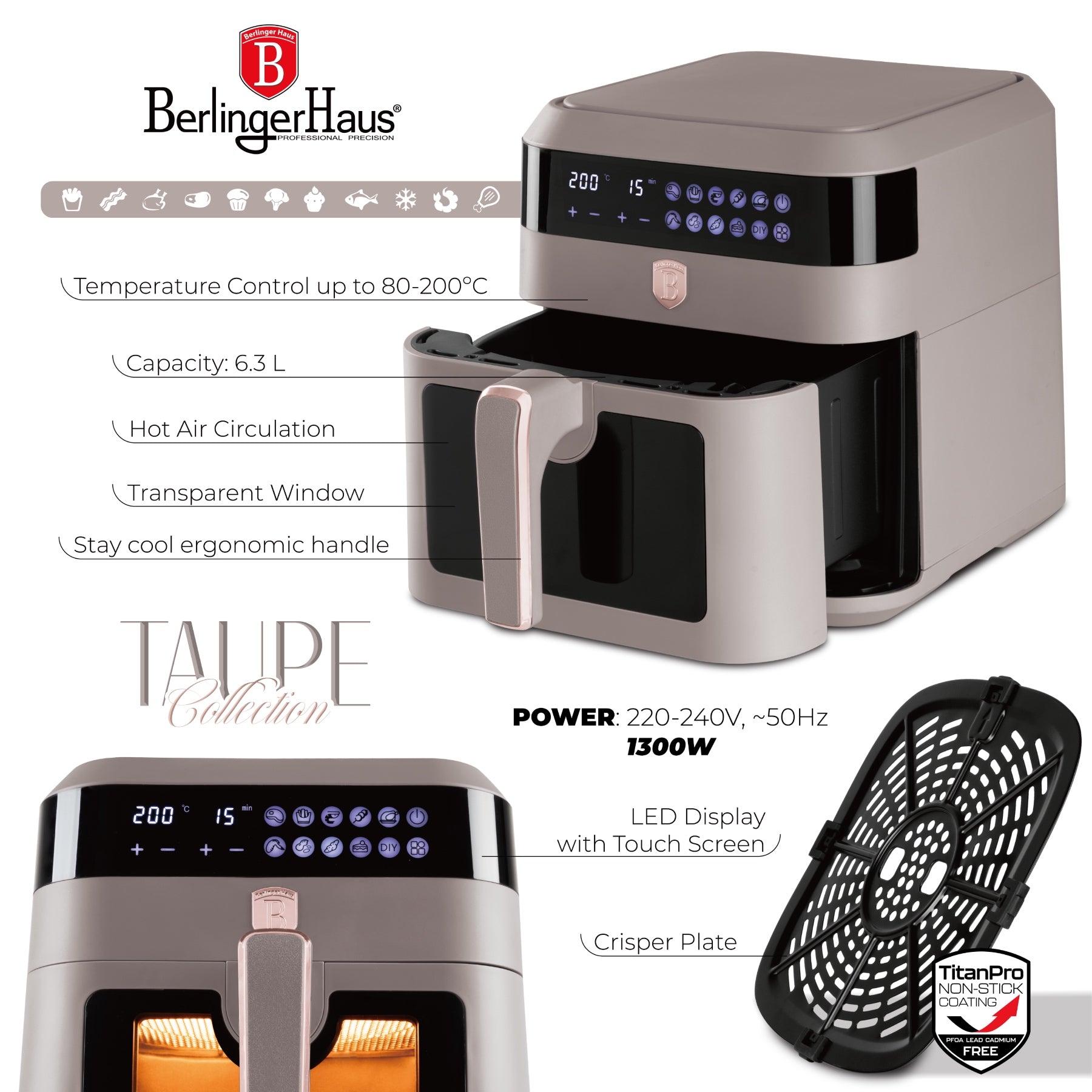 XXL AirFryer átlátszó ablakkal digitális Berlinger Haus matt szürke