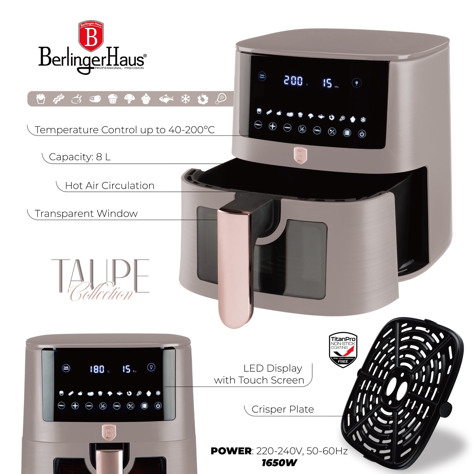 XXXL AirFryer átlátszó ablakkal digitális 8 liter Berlinger Haus matt szürke