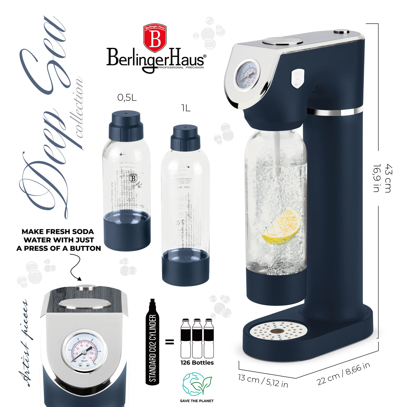 Berlinger haus Szódagép 2 palackkal matt kék Deep Sea