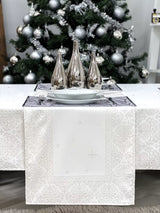 Ezüst lurex asztali futó, barokk mintás, 44x140 cm