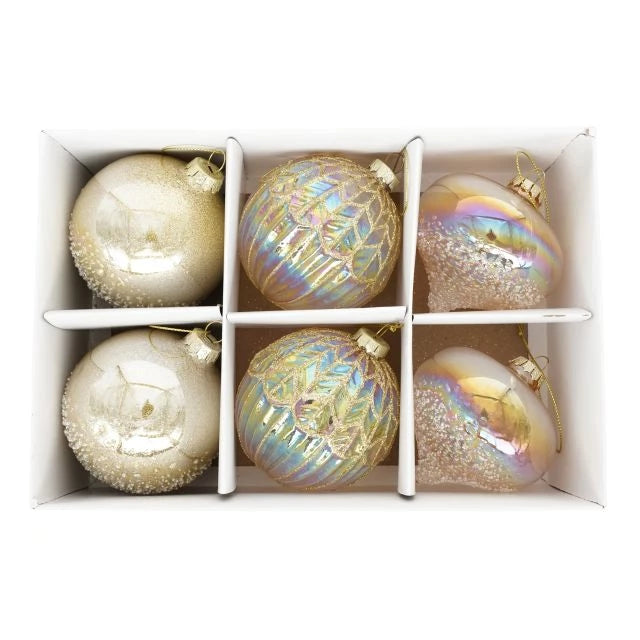 Karácsonyi üveg gömb dísz glitter dombor mintával pezsgő színű 8 cm 6 db