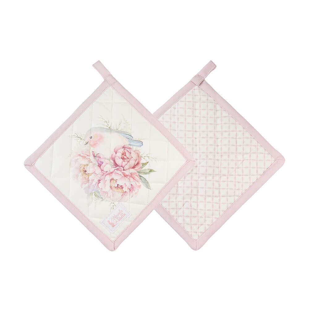 Vintage rózsaszín rózsás pamut Edényalátét 18x18 cm Fiorira madárral