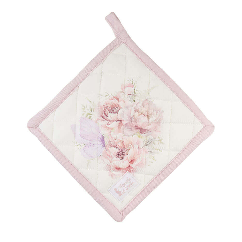 Vintage rózsaszín rózsás pamut Edényalátét 18x18 cm Fiorira pillangós