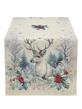 Fehér szarvasos, csipkebogyós gobelin asztali futó, 44x140 cm, arany lurex, gobelin