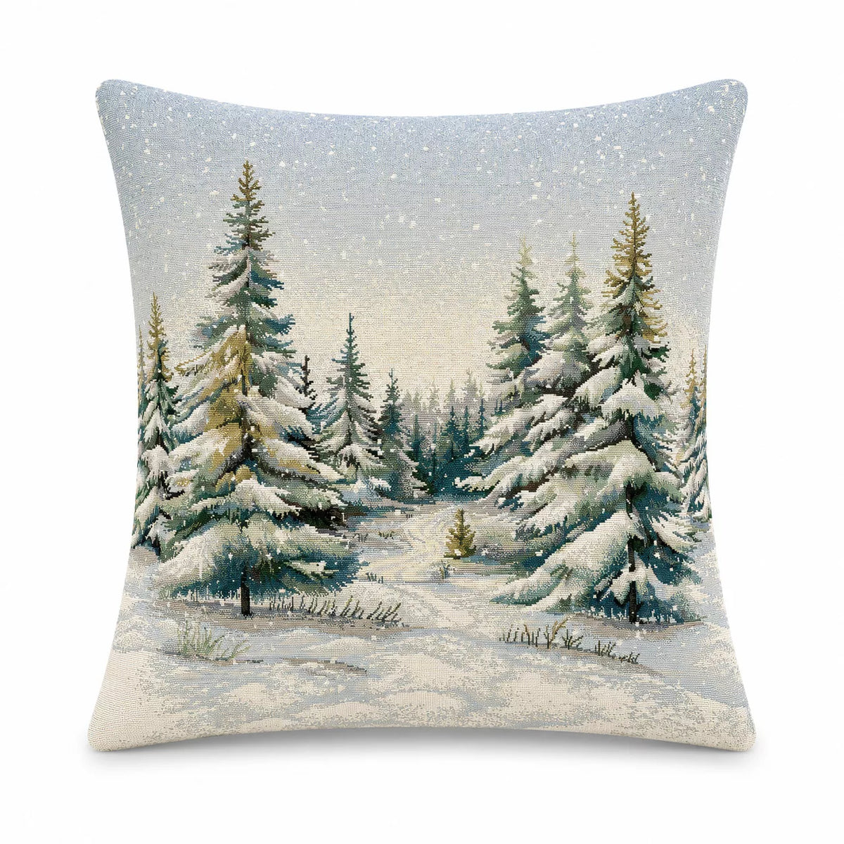 Havas fenyőerdő díszpárna huzat, ezüst lurex, gobelin – 45 x 45 cm