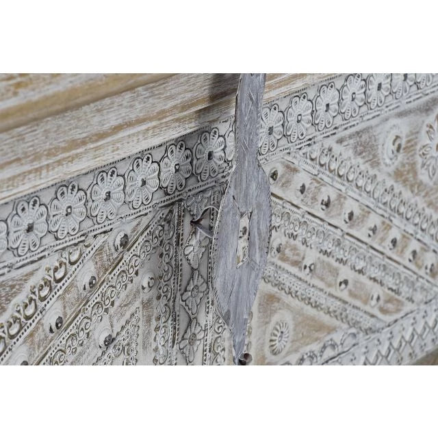 Indiai Antikolt mangófa faragott tárolóláda réz betétekkel 88x40x45 cm