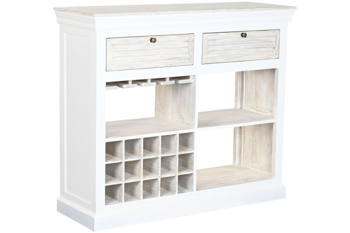 Antik fehér mangófa bortartó szekrény 15 palackos pohártartóval