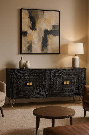 Mandala mintás fekete négy ajtós tálalószekrény arany antikolással mangófa 177x45x75 cm