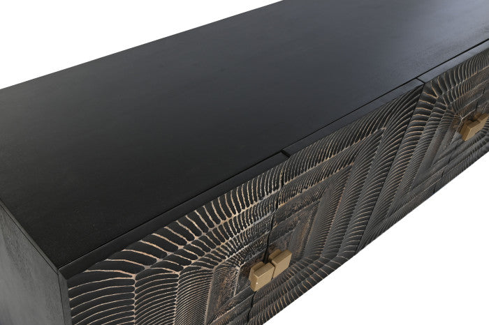 Mandala mintás fekete négy ajtós tálalószekrény arany antikolással mangófa 177x45x75 cm