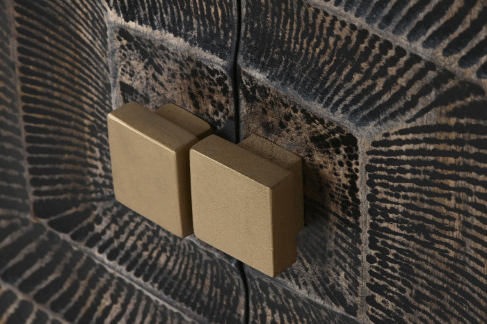 Mandala mintás fekete négy ajtós tálalószekrény arany antikolással mangófa 177x45x75 cm