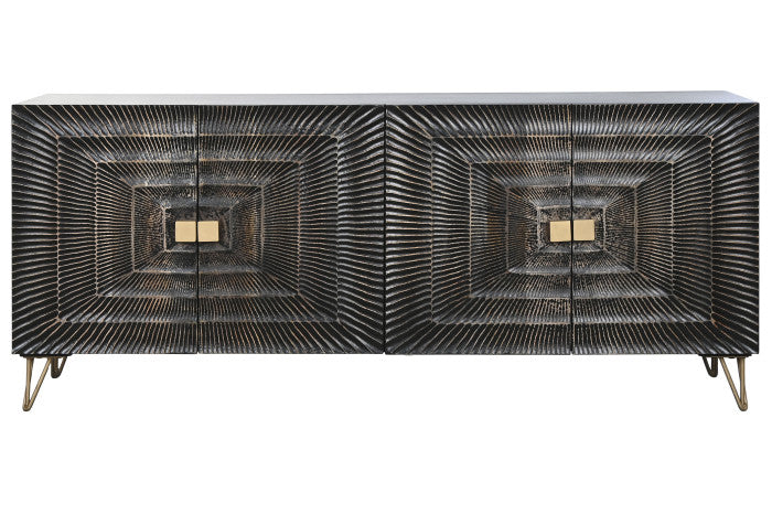 Mandala mintás fekete négy ajtós tálalószekrény arany antikolással mangófa 177x45x75 cm