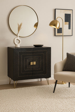 Mandala mintás fekete tálalószekrény arany antikolással mangófa