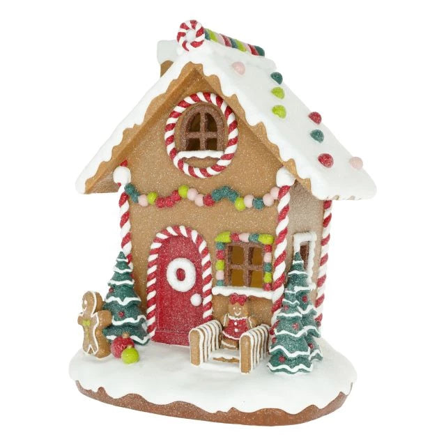 Mézeskalács ház glitteres LED-es 20x16,5x24,5 cm karácsonyi dekoráció