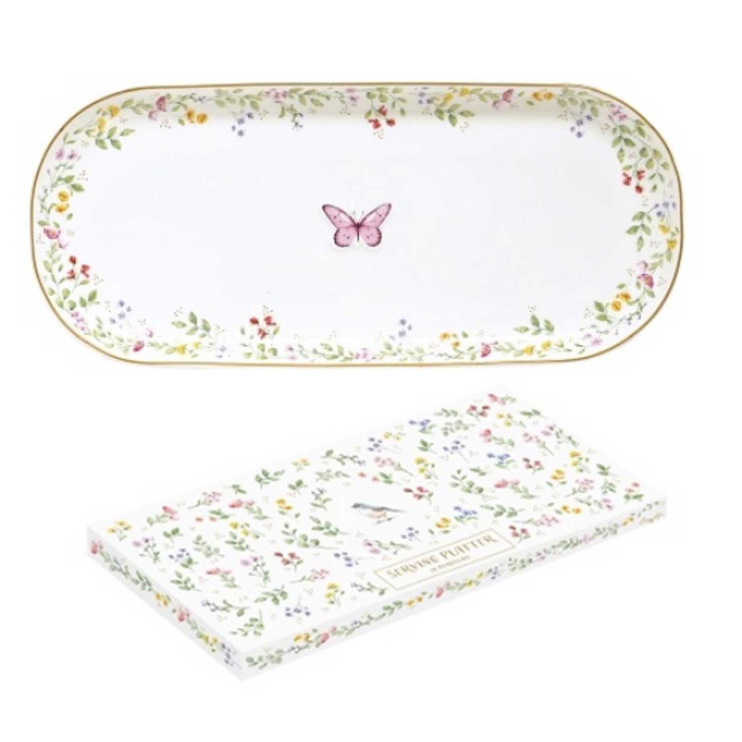 Porcelán kínáló tálca tálca 34x15 cm pillangós díszdobozzal Fancy Garden