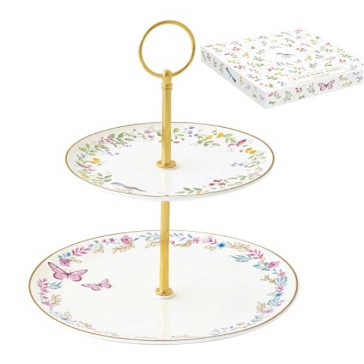 Porcelán süteményes állvány 2 emeletes madaras pillangós díszdobozzal Fancy Garden