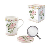 Porcelán bögre fém szűrővel díszdobozban – Rózsa mintás 350 ml