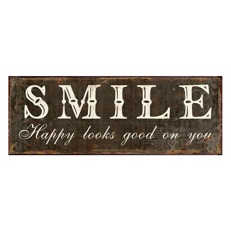 Dekoráció Antikolt barna fém falitábla Smile felirattal
