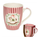 Karácsonyi porcelán bögre 350 ml piros csíkos hintalovas