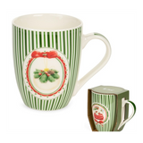 Karácsonyi porcelán bögre 350 ml zöld csíkos fenyőágas