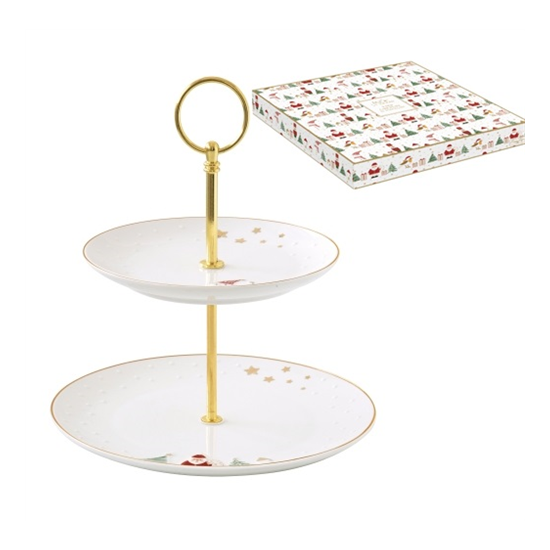 Karácsonyi Porcelán süteményes állvány 2 emeletes 16/21 cm díszdobozban Let it Snow