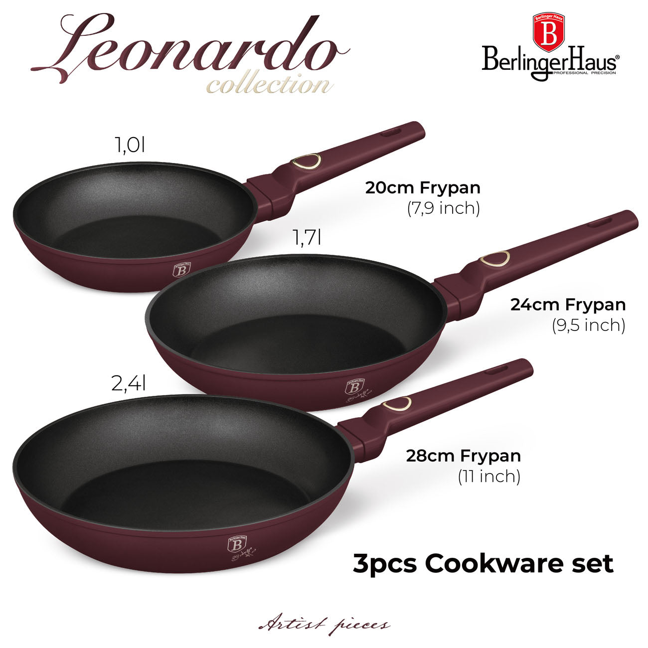 Berlinger Haus indukciós tapadásmentes 3 részes serpenyő szett Leonardo Collection