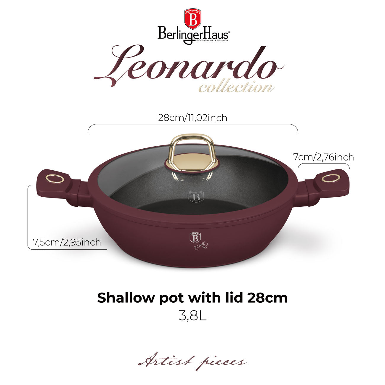 Berlinger Haus indukciós tapadásmentes alacsony lábas fedővel 3,8 L Leonardo Collection