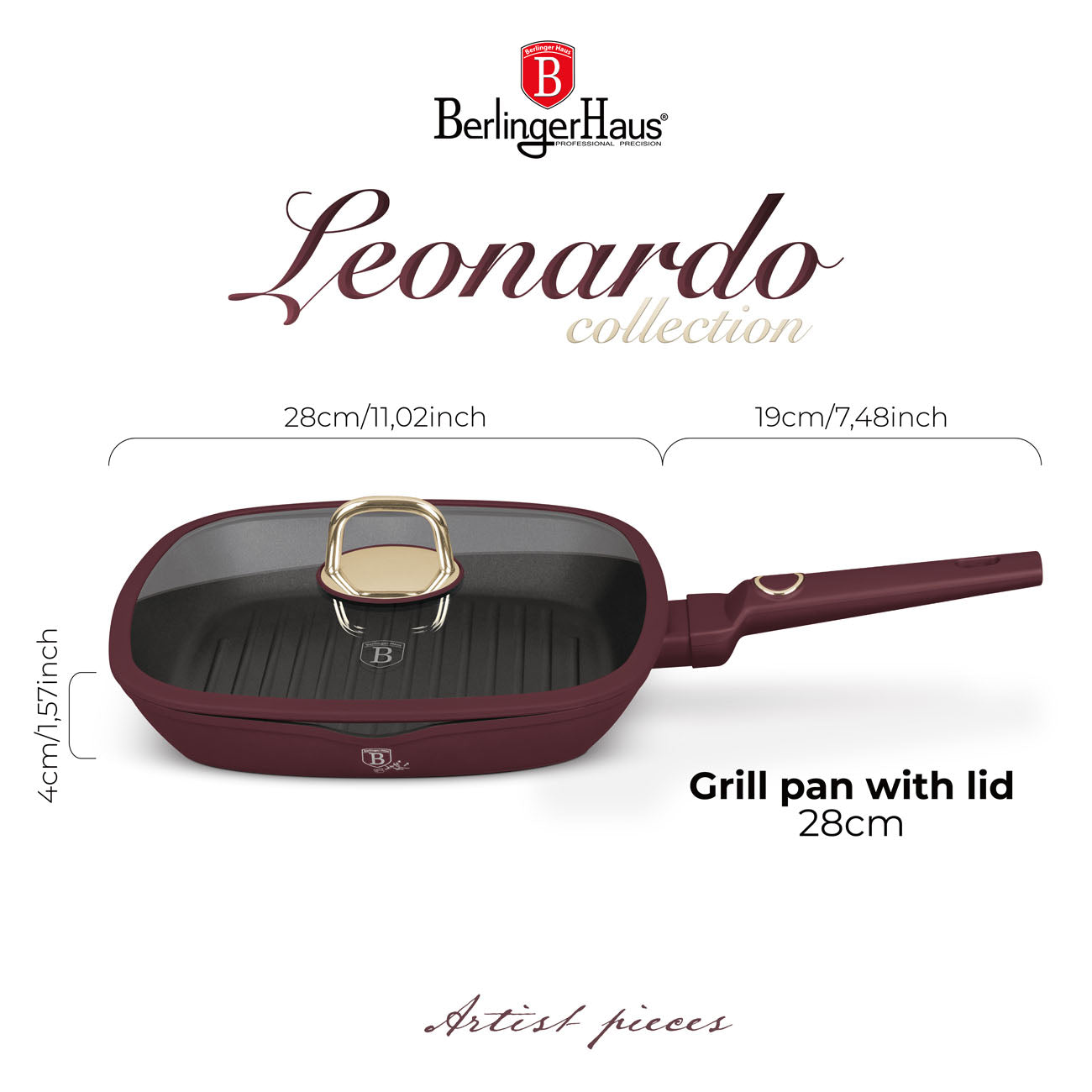 Berlinger Haus indukciós tapadásmentes Grill serpenyő fedővel 28 cm Leonardo Collection