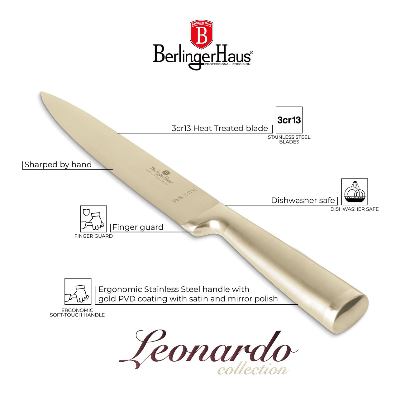 Berlinger Haus rozsdamentes acél arany színű szeletelő kés 20 cm Leonardo Collection