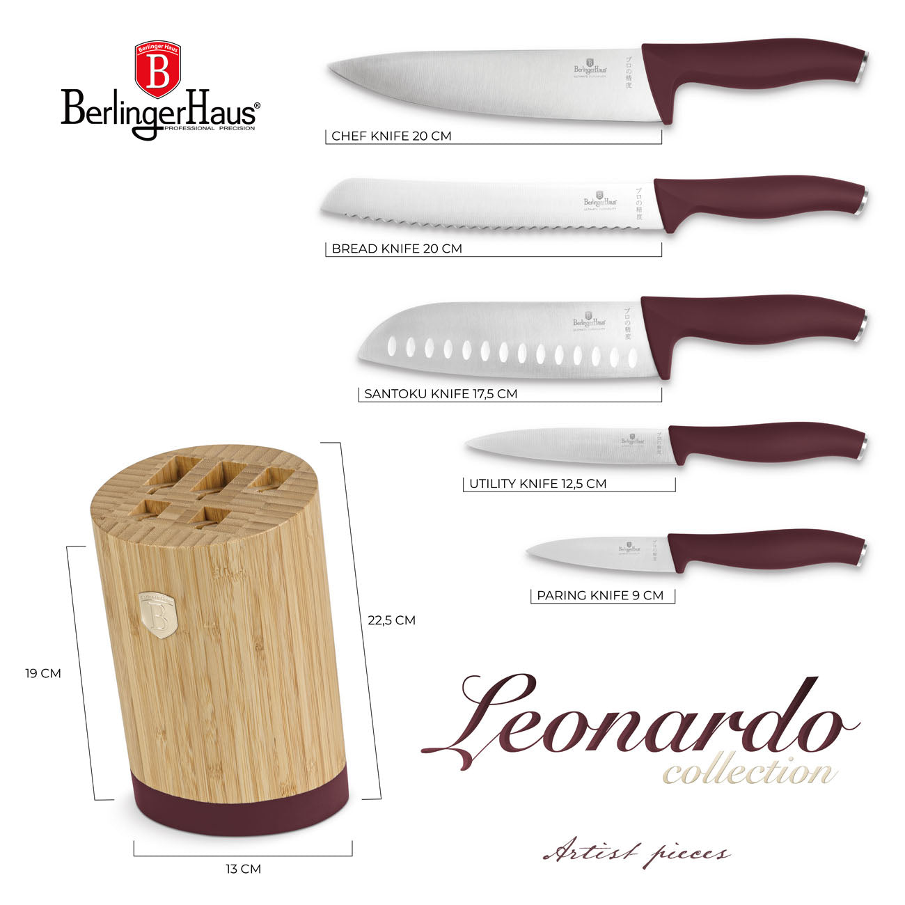 Berlinger Haus rozsdamentes acél bordó nyelű 6 részes késkészlet bambusz állvánnyal Leonardo Collection