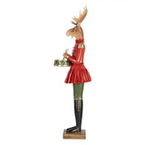 Clara Deerbell piros ruhás szarvas dobbal vintage karácsonyi dekor figura 77 cm