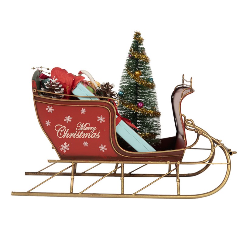 Piros fém szánkó ajándékkal Merry Christmas felirattal