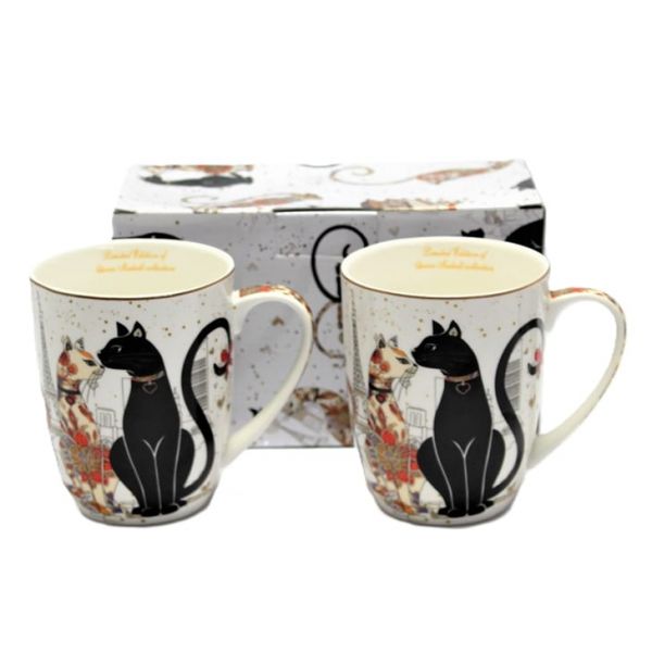 Fekete-arany cicás porcelán bögre szett - 400 ml díszdobozban