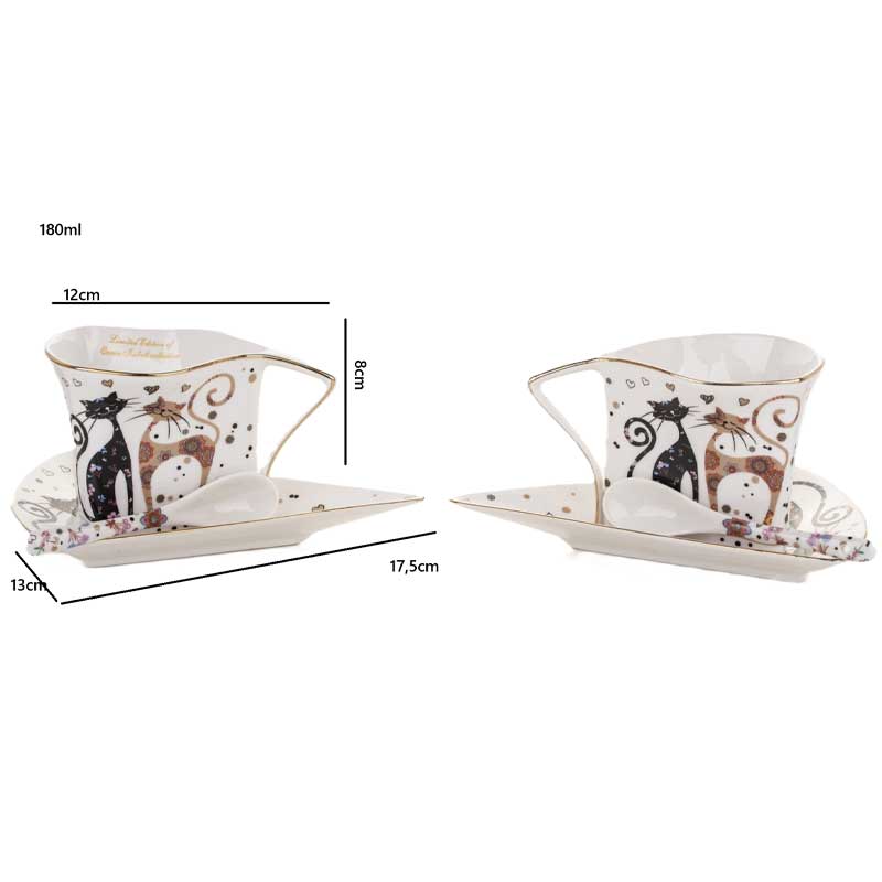 Cicás porcelán kávés csésze alj 2 személyes szett 180 ml kanállal díszdobozban