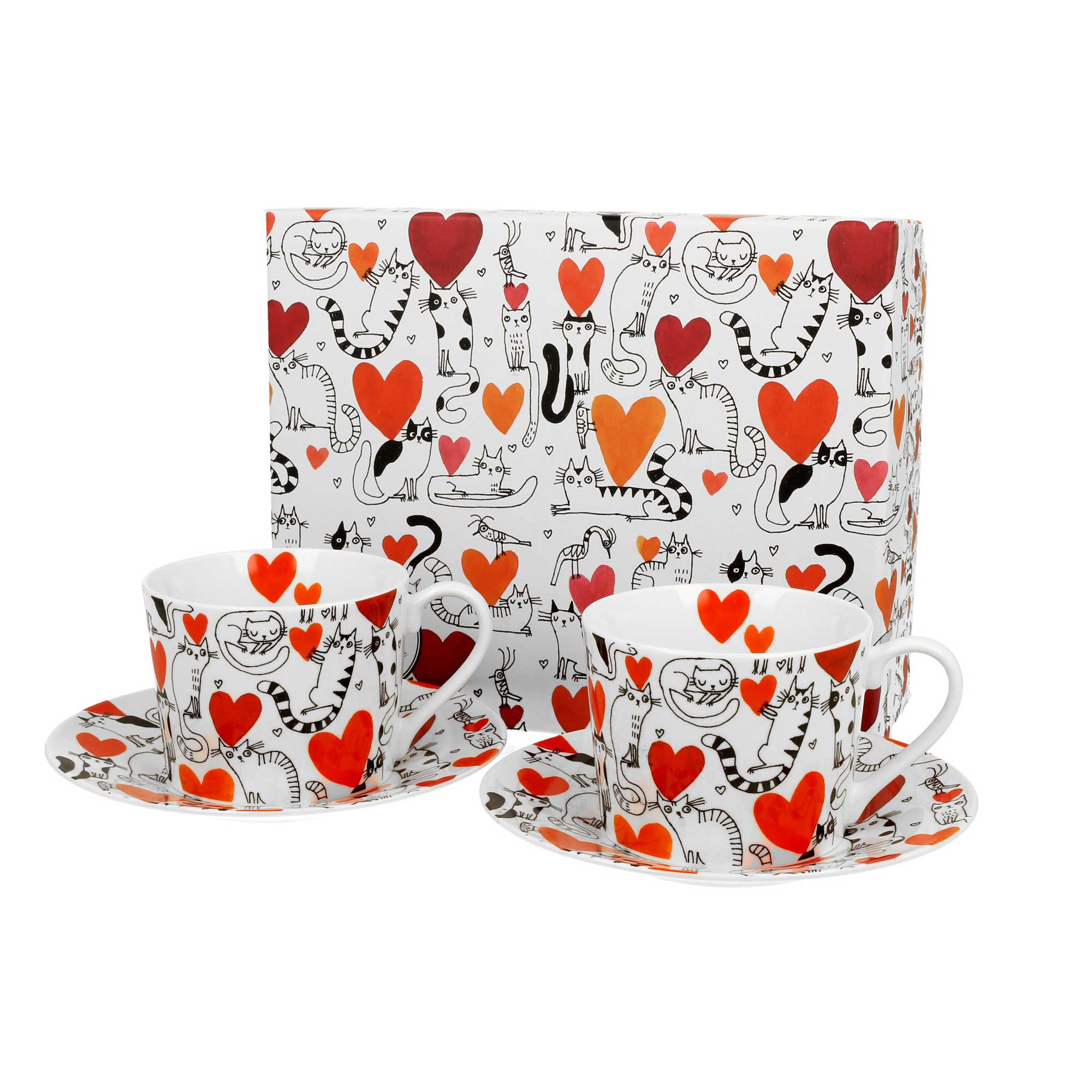 Bögre, csésze Cicás szívesecskés porcelán teás csésze aljjal két személyes Cats and hearts