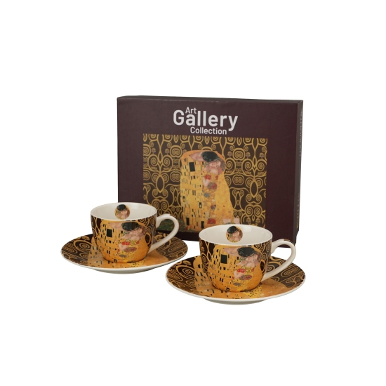 Porcelán kávés csésze + alj 110 ml 2 személyes Klimt A Csók díszdobozban