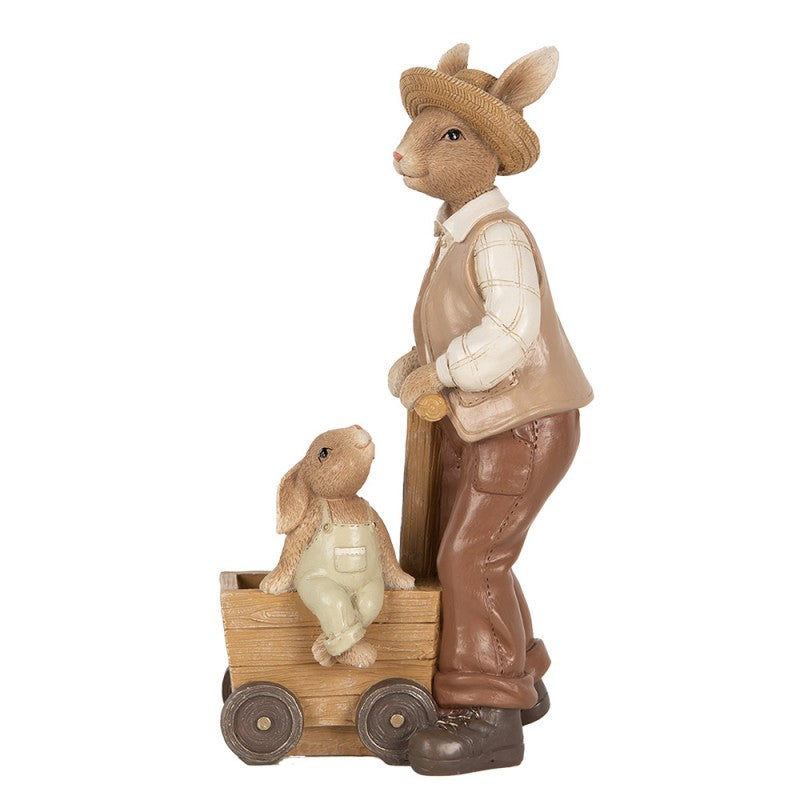 Húsvéti dekoráció figura Nyuszipapa talicskával, kisnyuszival 23 cm