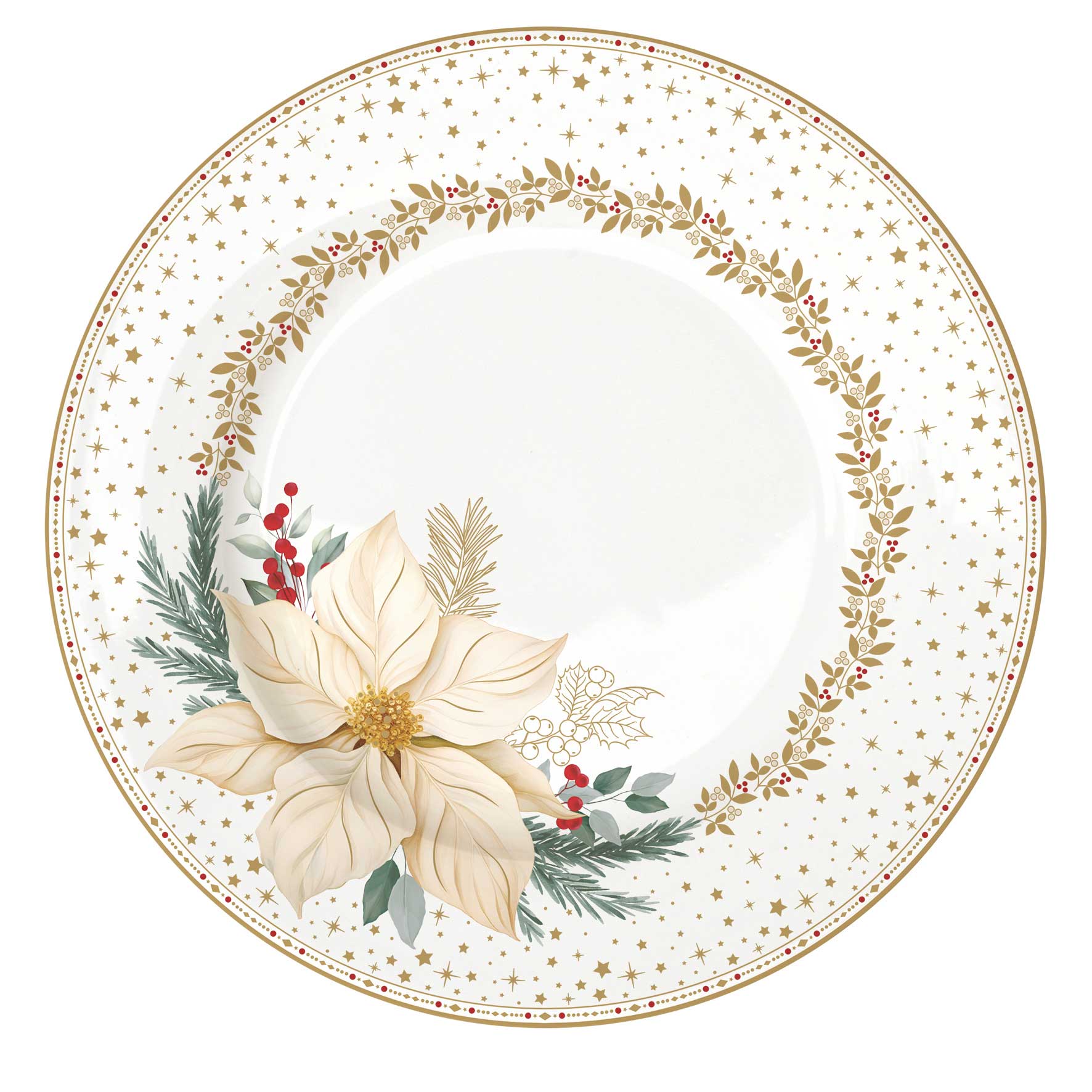 Karácsonyi porcelán desszertes tányér fehér arany mikulásvirág White Elegance
