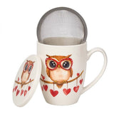Szerelmes baglyos porcelán bögre fémszűrővel és tetővel – 350 ml – LOVE díszdobozban