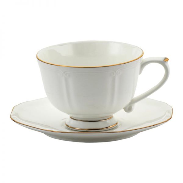 Elegáns fehér porcelán csésze aljjal - 200 ml - 2 személyes készlet arany szegéllyel