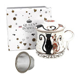 Fekete-arany cicás porcelán bögre fém szűrővel és tetővel - 350 ml