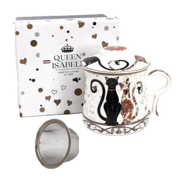 Fekete-arany cicás porcelán bögre fém szűrővel és tetővel - 350 ml