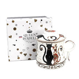 Fekete-arany cicás porcelán bögre fém szűrővel és tetővel - 350 ml