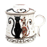 Fekete-arany cicás porcelán bögre fém szűrővel és tetővel - 350 ml