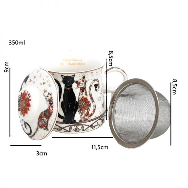 Fekete-arany cicás porcelán bögre fém szűrővel és tetővel - 350 ml